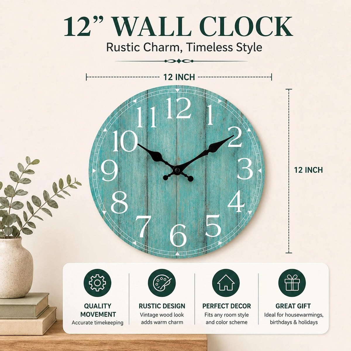 12 Inch Wall Clock, Silent Battery Operated Analog Clock, Teal