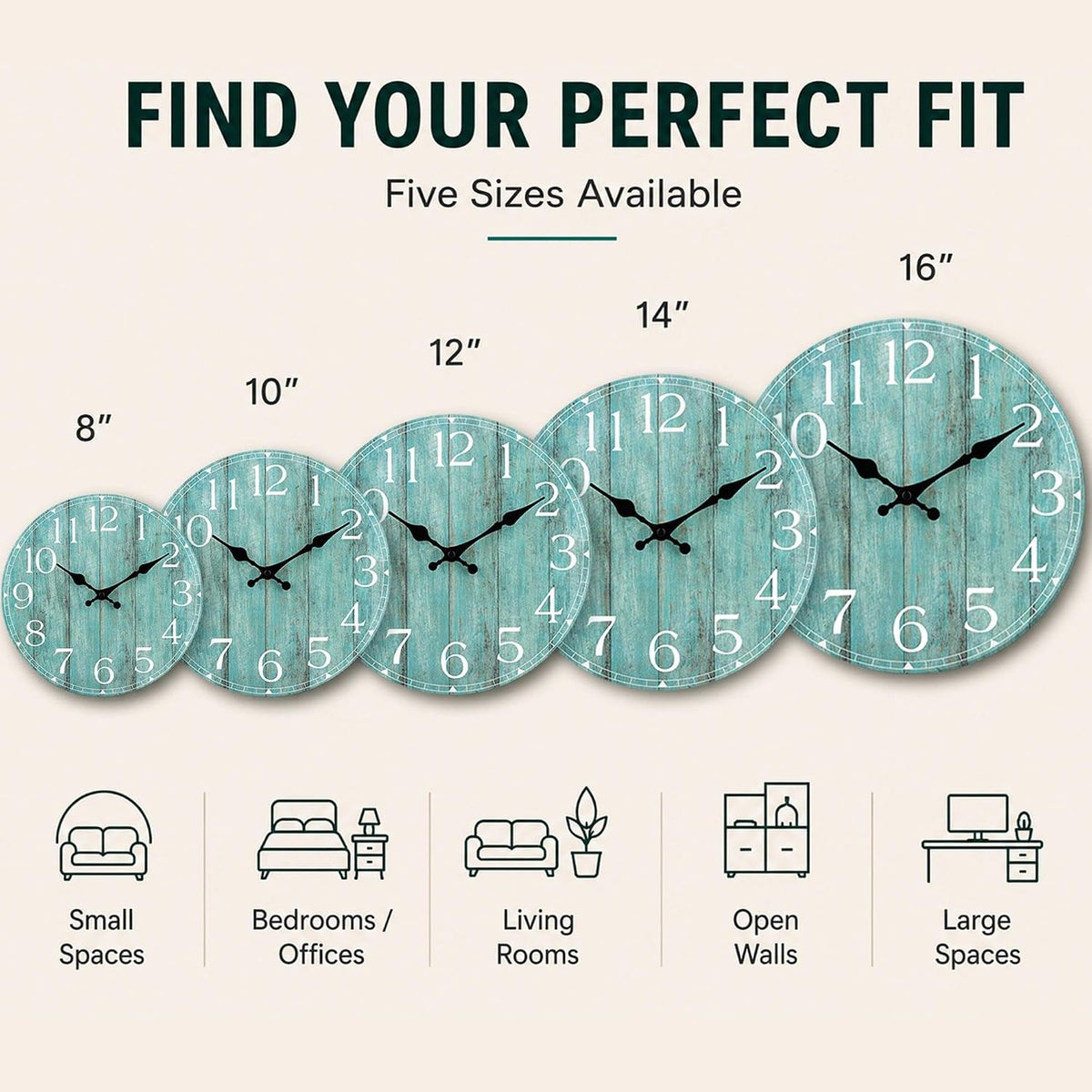 12 Inch Wall Clock, Silent Battery Operated Analog Clock, Teal