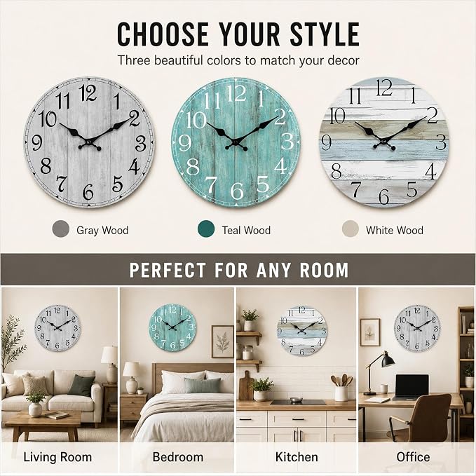 12 Inch Wall Clock, Silent Battery Operated Analog Clock, Teal