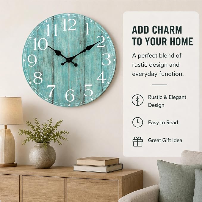 12 Inch Wall Clock, Silent Battery Operated Analog Clock, Teal