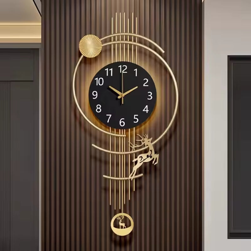 Tick & Decor Modern Luxury Metal Wall Clock with Deer Motif & Pendulum – Premium Wall Art